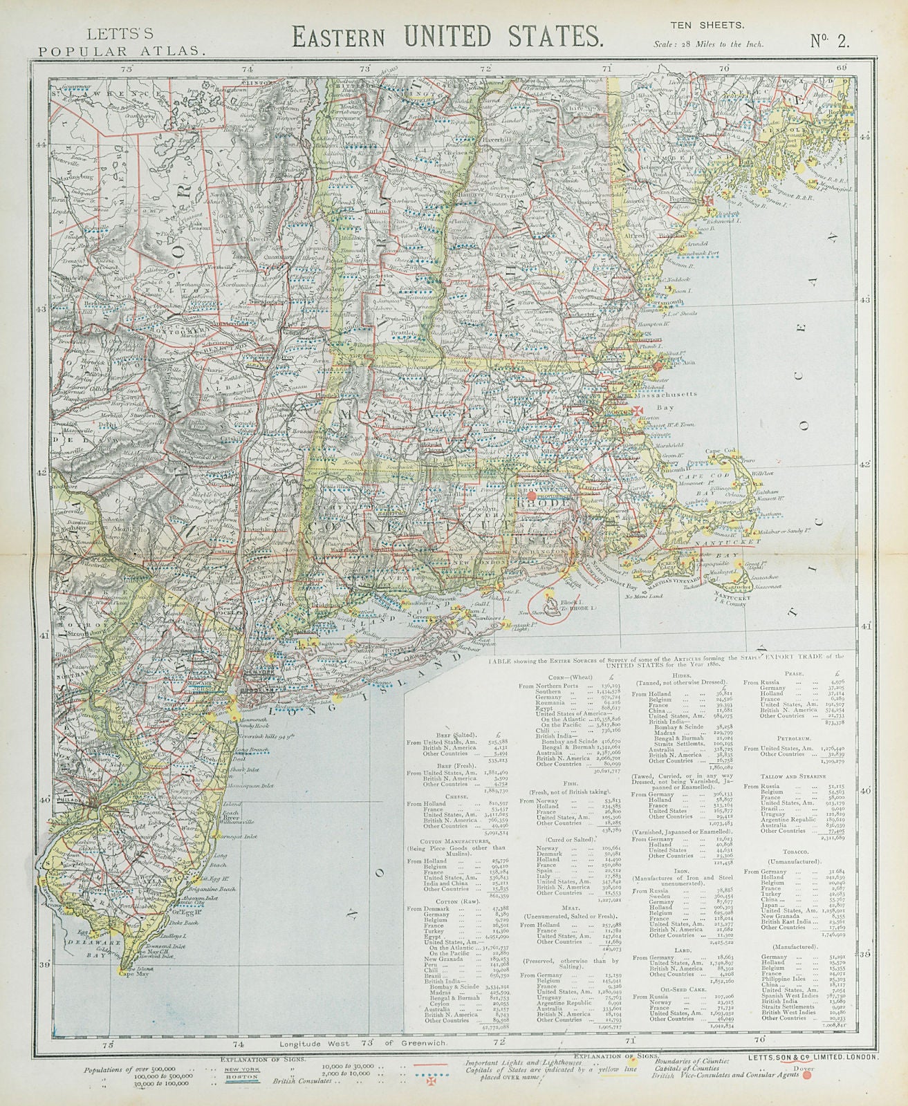 NEW ENGLAND COAST. NY Maine Massachusetts Connecticut NJ NH RI VT.LETTS 1883 map